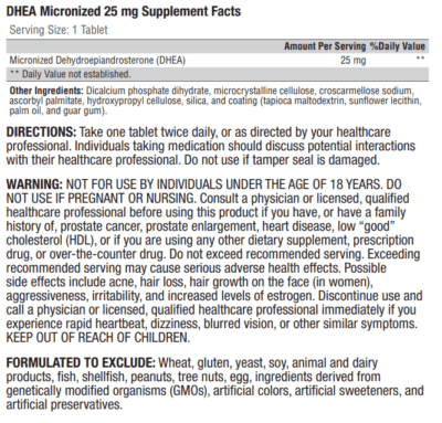 Datos del suplemento de DHEA micronizada de 25 mg