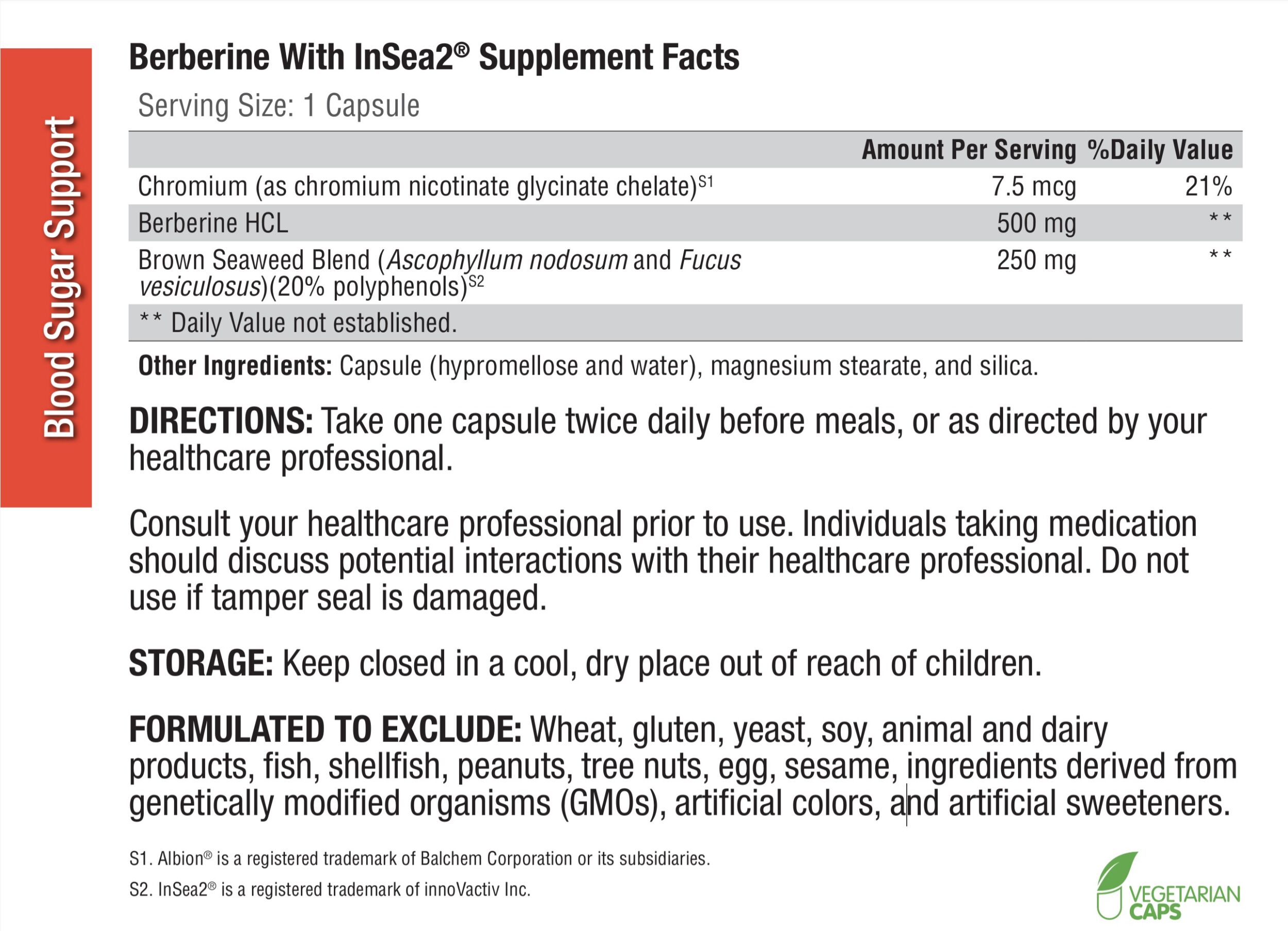 Xymogen Berberine InSea2 60 capsules ingredients label