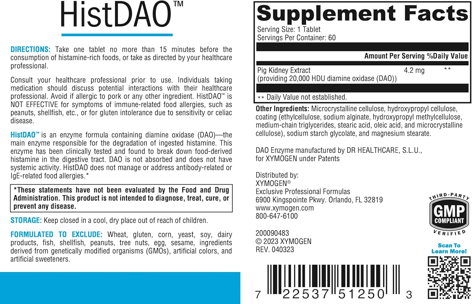 Xymogen HistDAO Label Supplement Facts