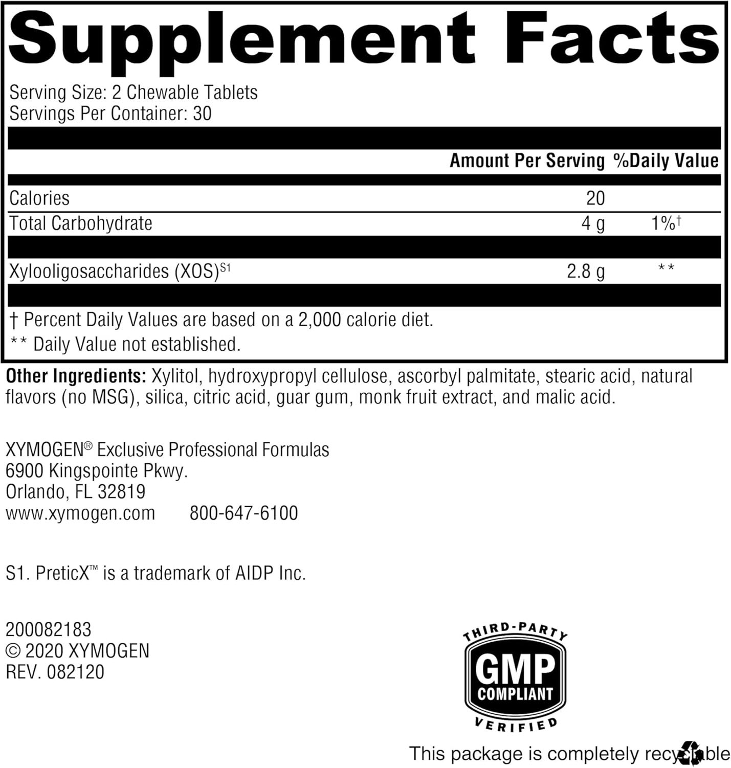 Xymogen Prebiomax 60 capsules supplement facts