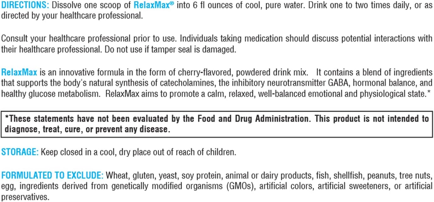 Xymogen RelaxMax Cherry Flavor Directions Label