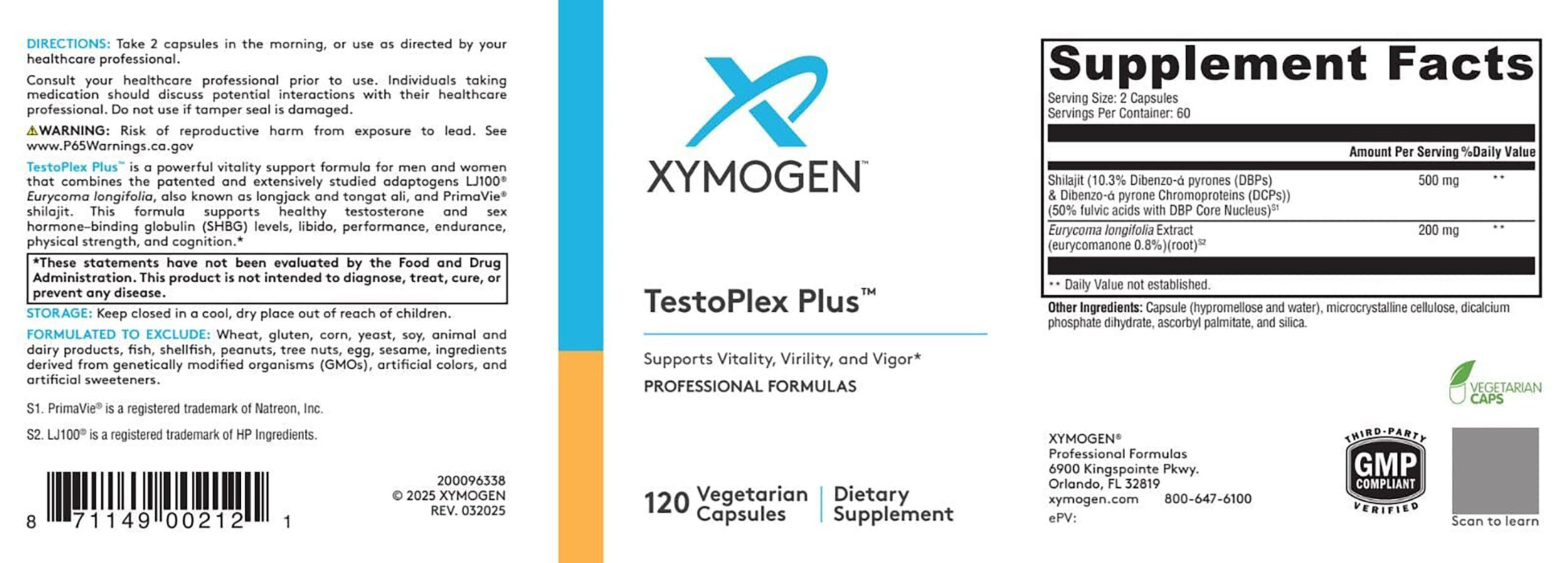 xymogen-testoplex-plus-60 capsules label supplement facts ingredients full label