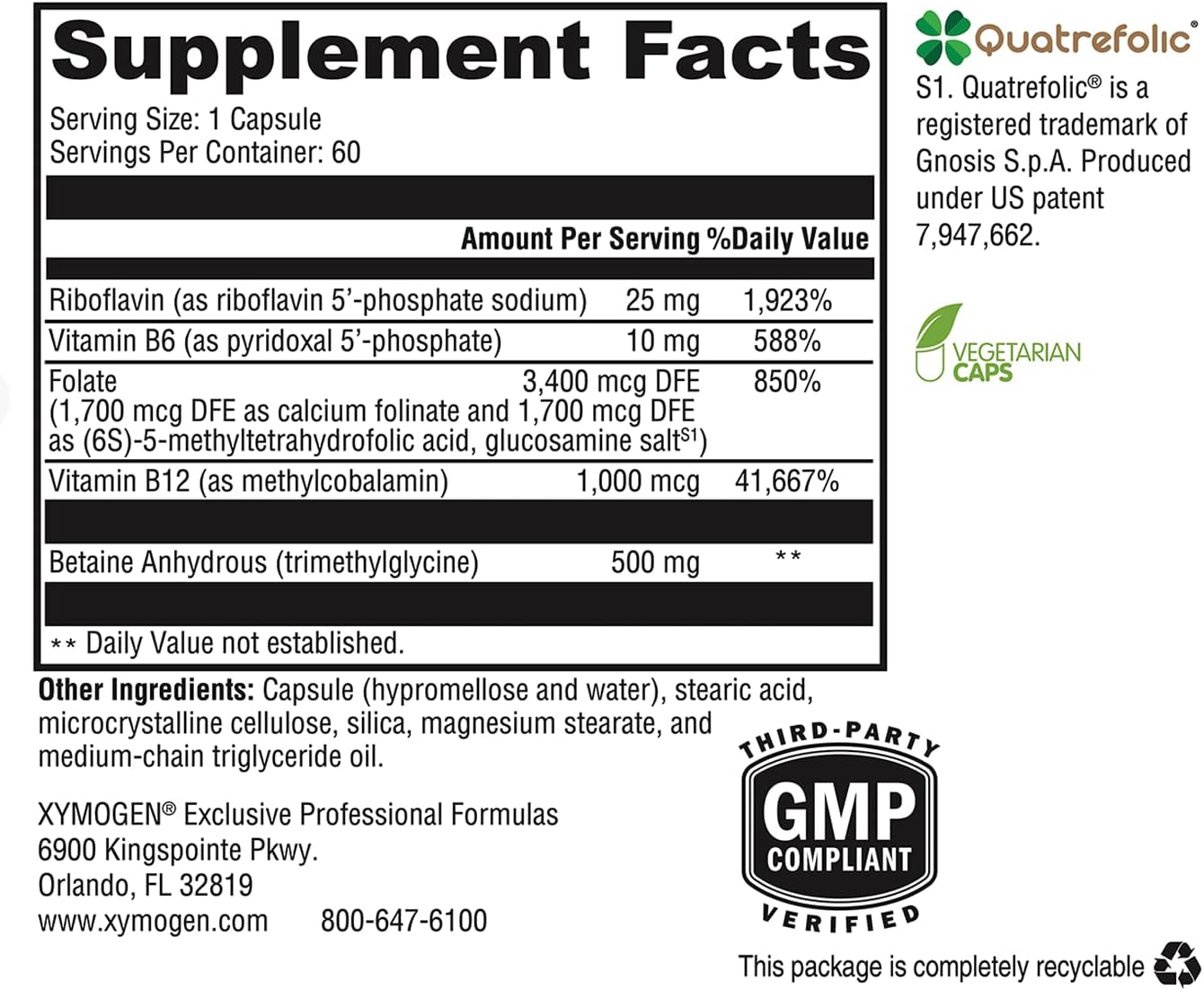 Xymogen Methyl Protect 60 capsules supplement facts ingredients