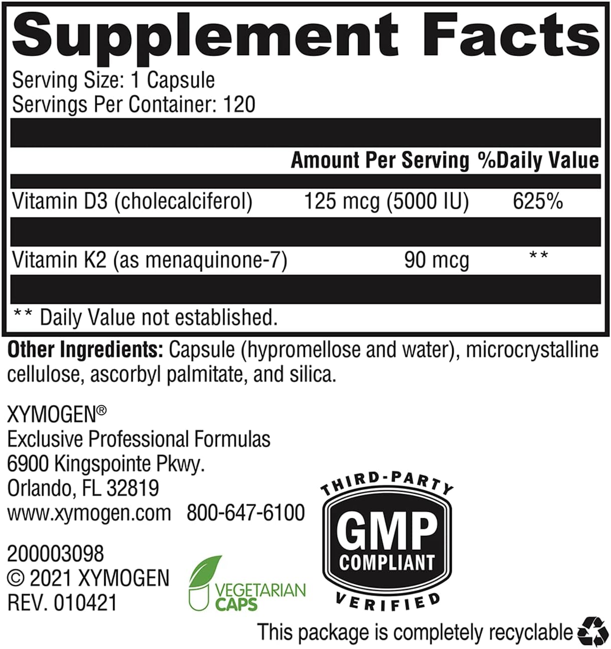 Xymogen K2 D3 5000 Supplement Facts 120 caps