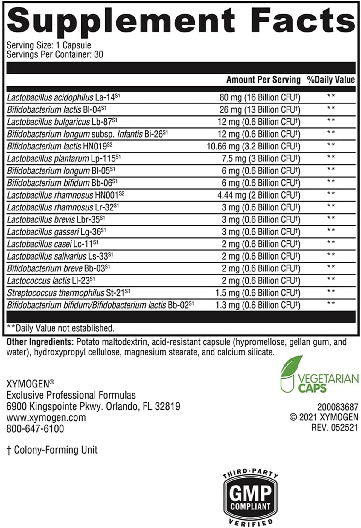 Xymogen Probiomax Complete DF Supplement Facts