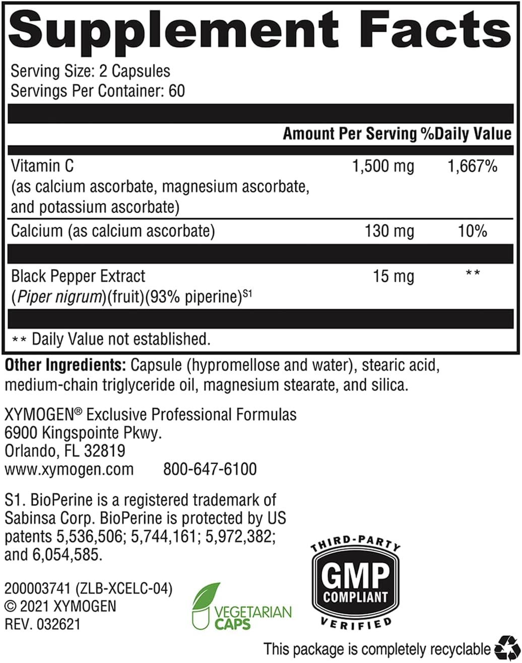 Xymogen Xcellent C 120 supplement facts
