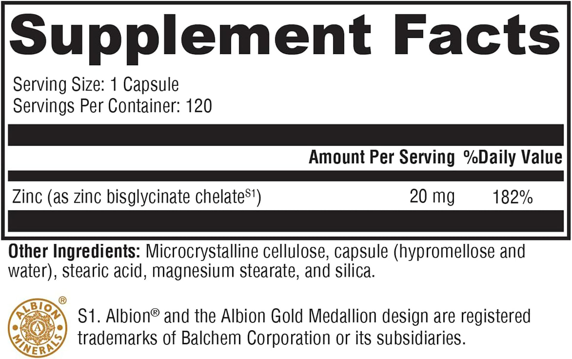 Xymogen Zinc Glycinate 120 capsules supplement facts