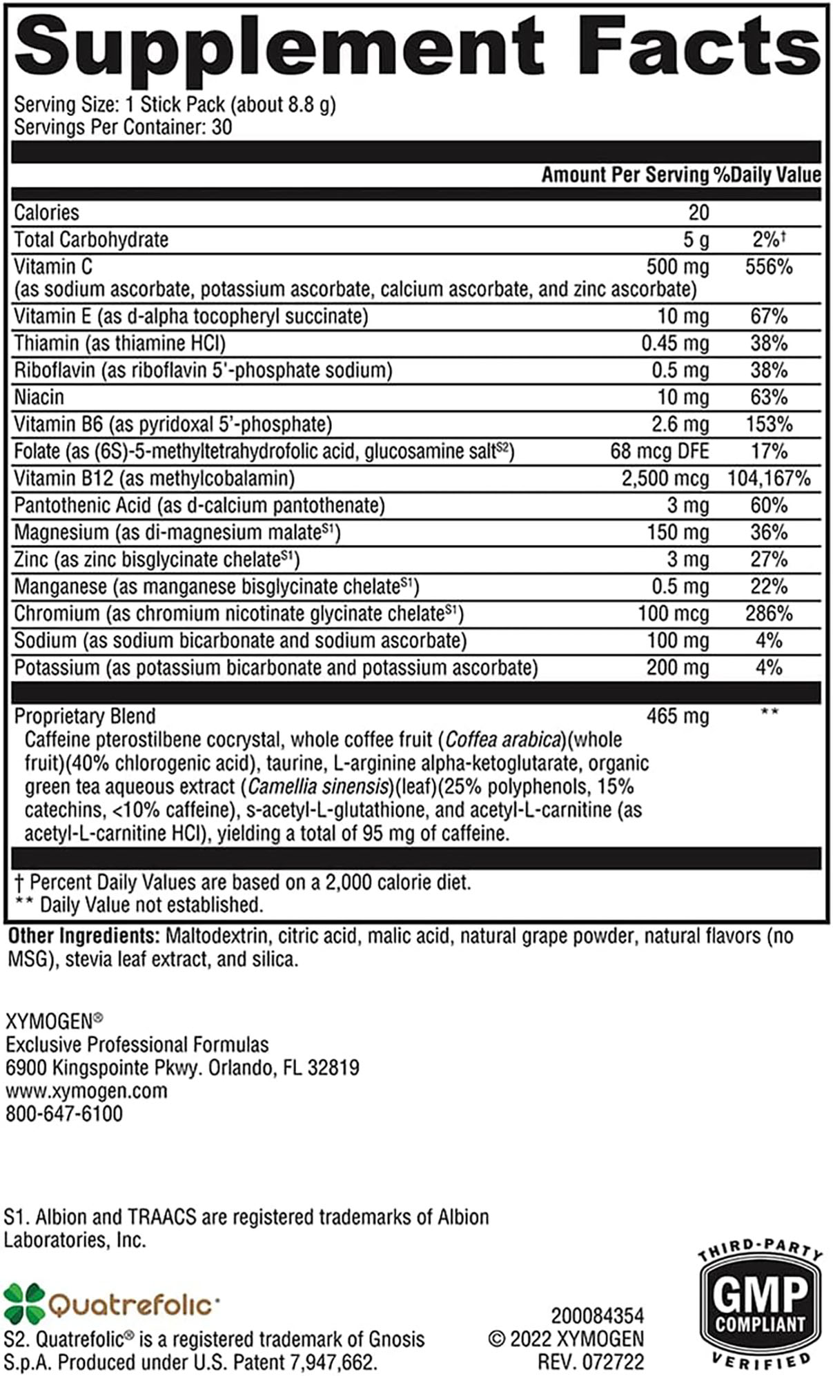 Xymogen ATP Ignite Mixed Berry Flavor Ingredients Supplement Facts