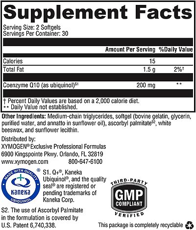 Xymogen CoQmax Ubiquinol 200 Supplement Facts CoQ10