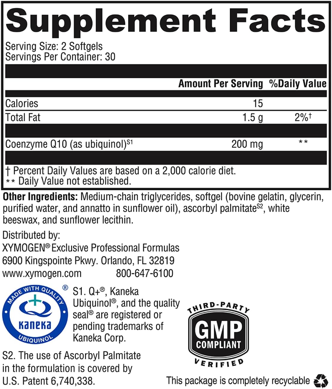 Xymogen CoQmax Ubiquinol 200 Supplement Facts CoQ10