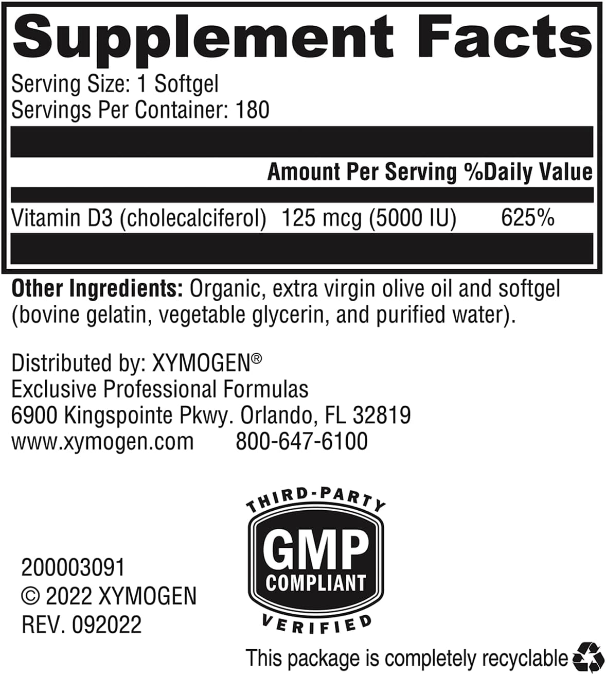 Xymogen D3 5000 90 Softgels Supplement Facts
