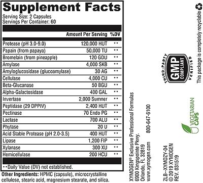 Xymogen XymoZyme 120 capsules supplement facts