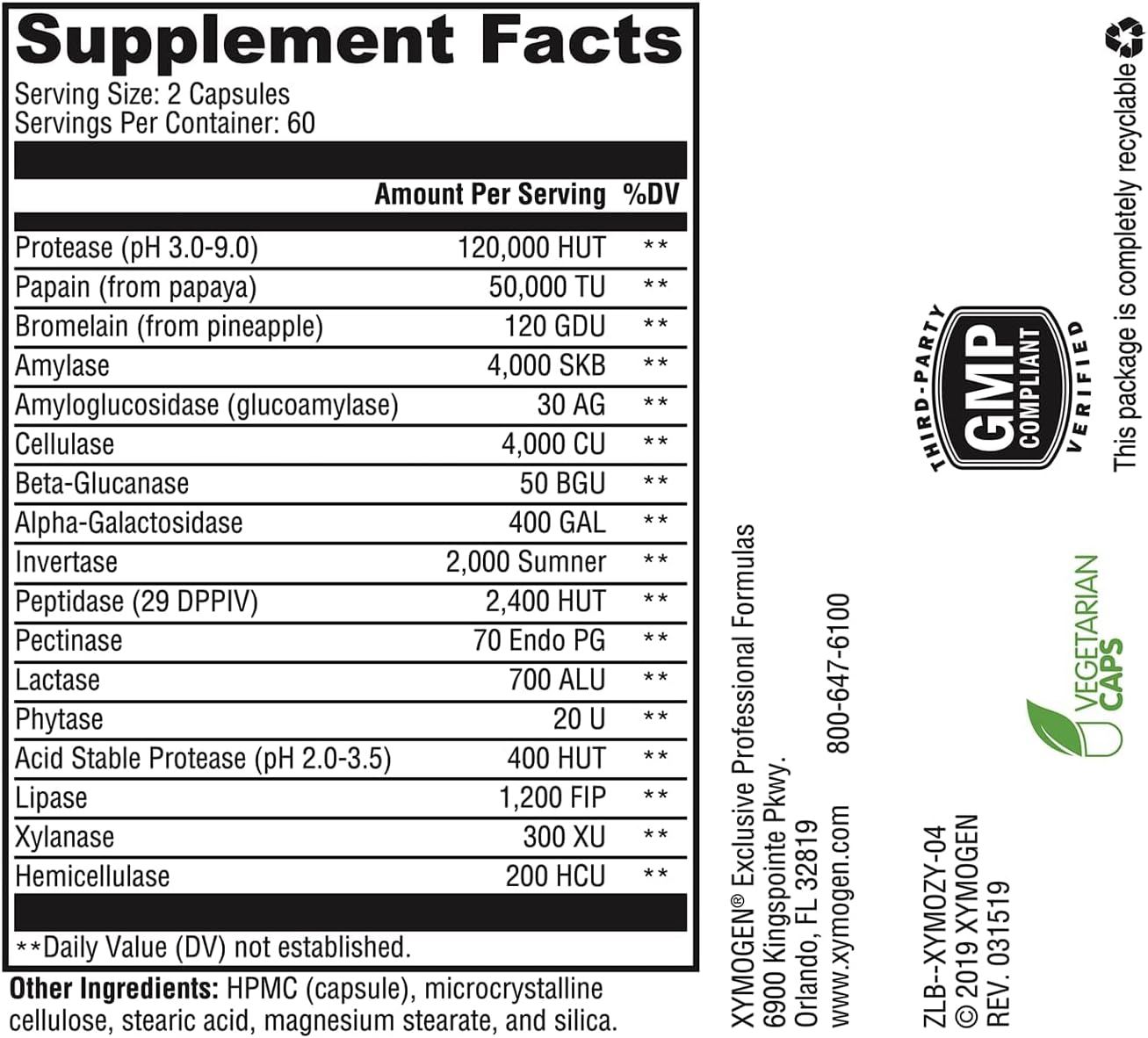 Xymogen XymoZyme 120 capsules supplement facts