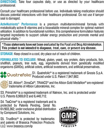 Xymogen ActivNutrients Performance 120 capsules directions storage label