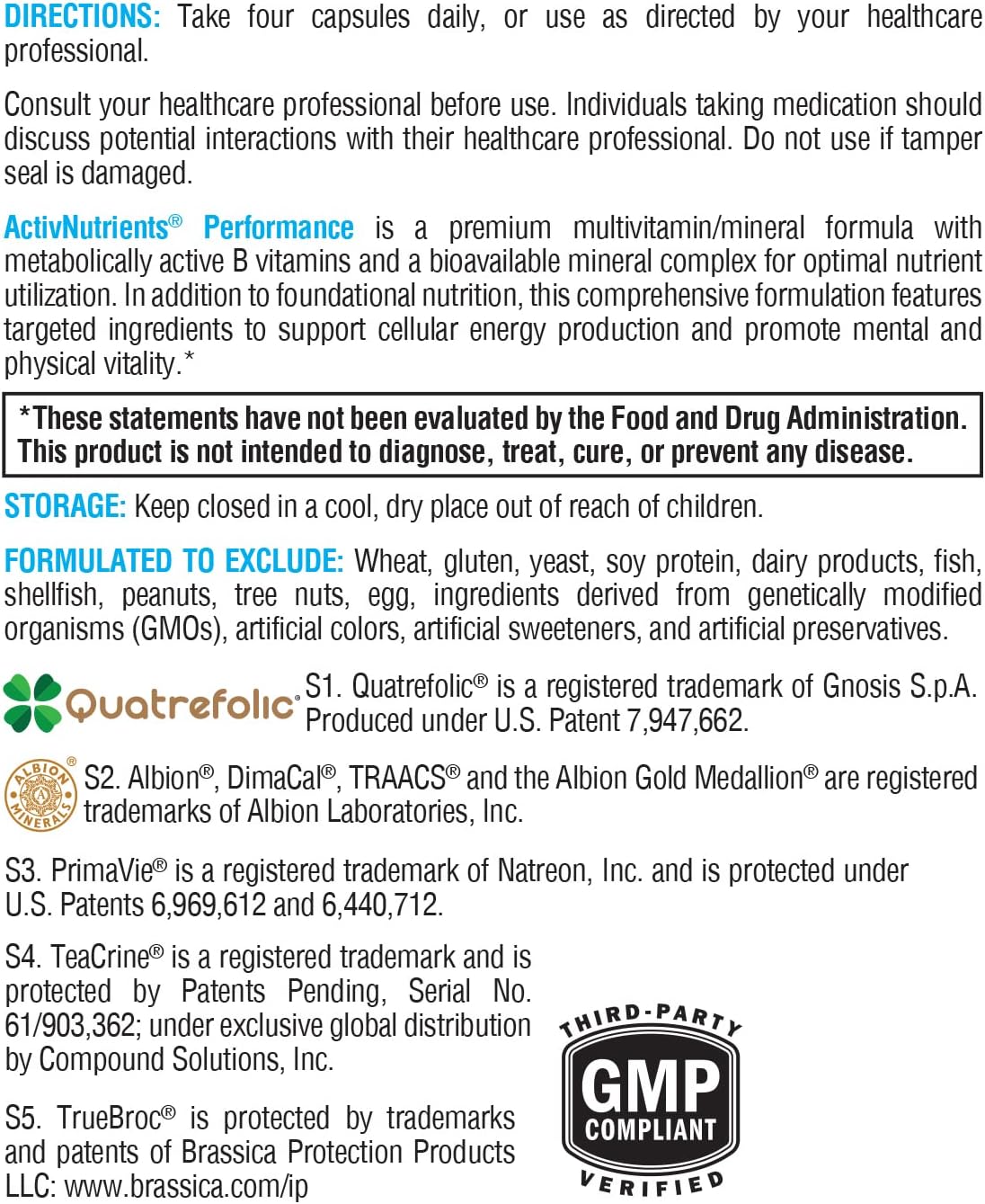 Xymogen ActivNutrients Performance 120 capsules directions storage label