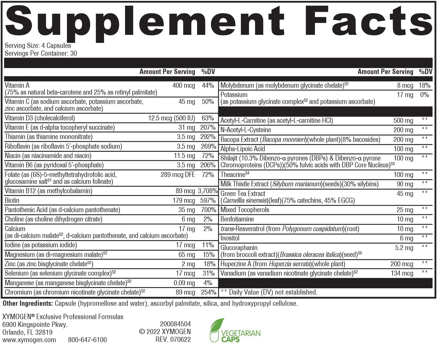 Xymogen ActivNutrients Performance 120 capsules supplement facts ingredients