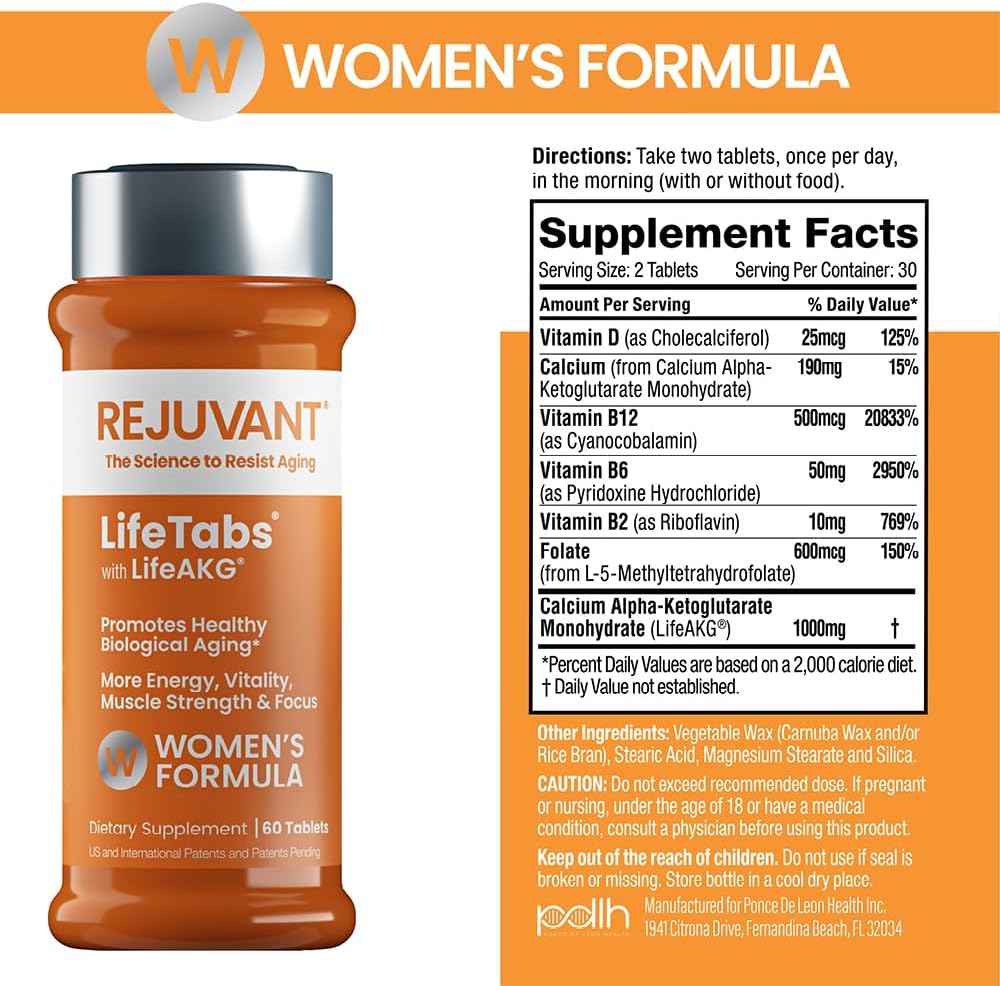Rejuvant AKG Lifetabs for Women with LifeAKG Ingredients Label