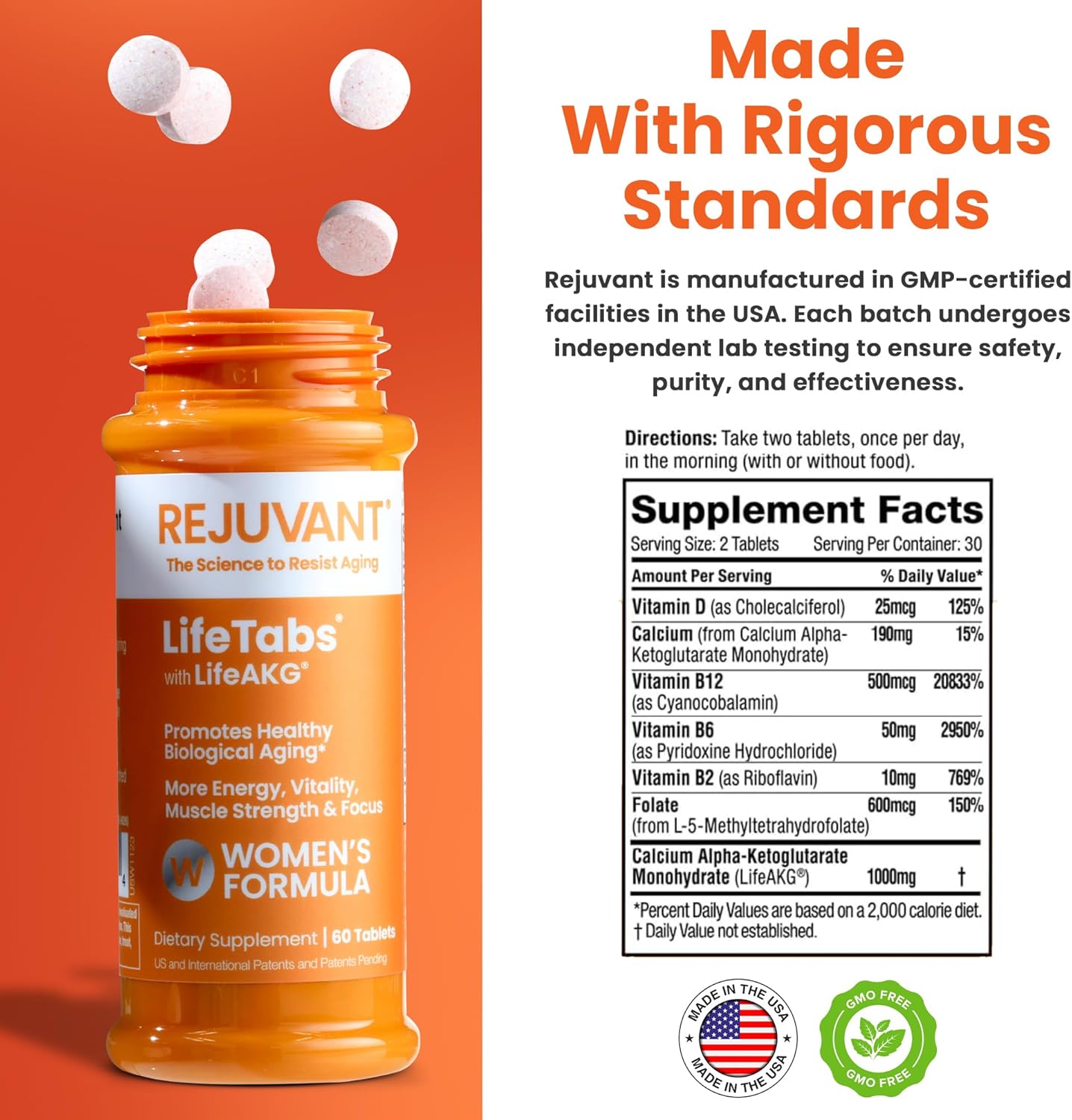 Rejuvant AKG Lifetabs for Women with LifeAKG Ingredients Standards Allergens