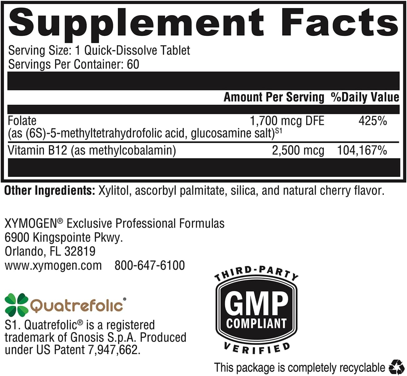 Xymogen 5-MTHF Plus B12 60 tablets supplement facts