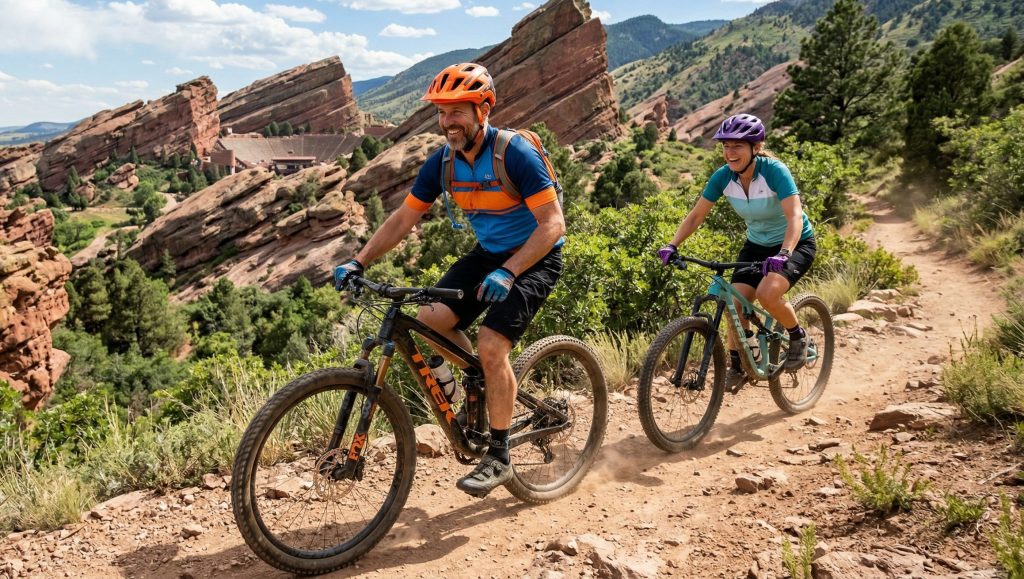 athletic man and woman at red rocks biking through the park in Colorado