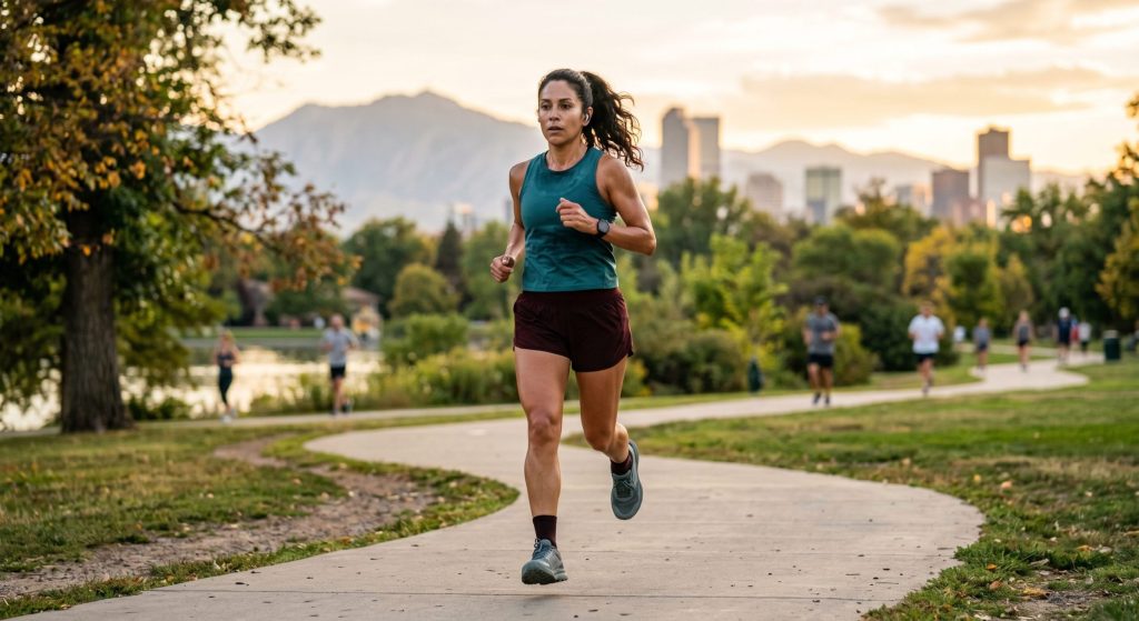 athletic woman in her mid-40s running through a park in Denver, Colorado
