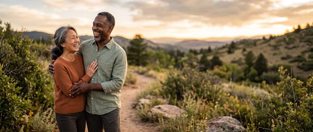 beautiful clear skin couple standing laughing in colorado