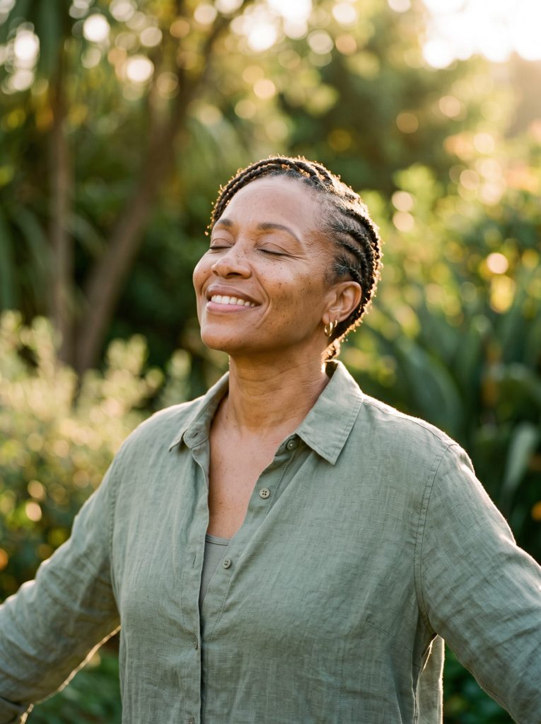 beautiful, low stress, stress-free woman soaking up the sun