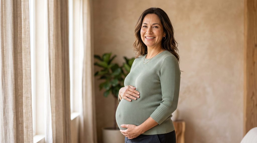 pregnant woman looking at the camera after taking iodine supplements