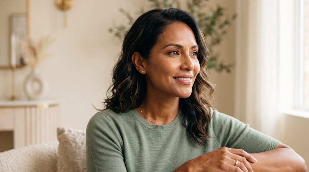 low cortisol gorgeous woman in her home looking to the right