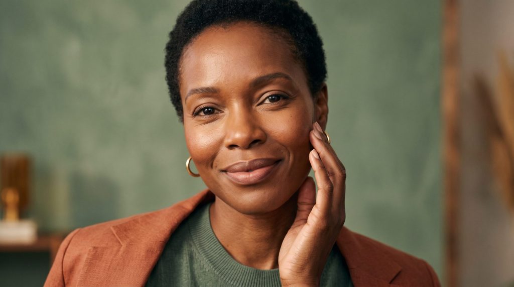 beautiful woman looking at the camera with clear organic refreshed skin