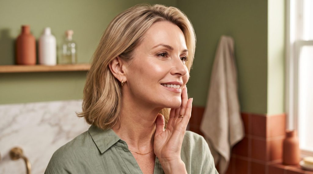 gorgeous woman in bathroom with beautiful skin after using vitamin C