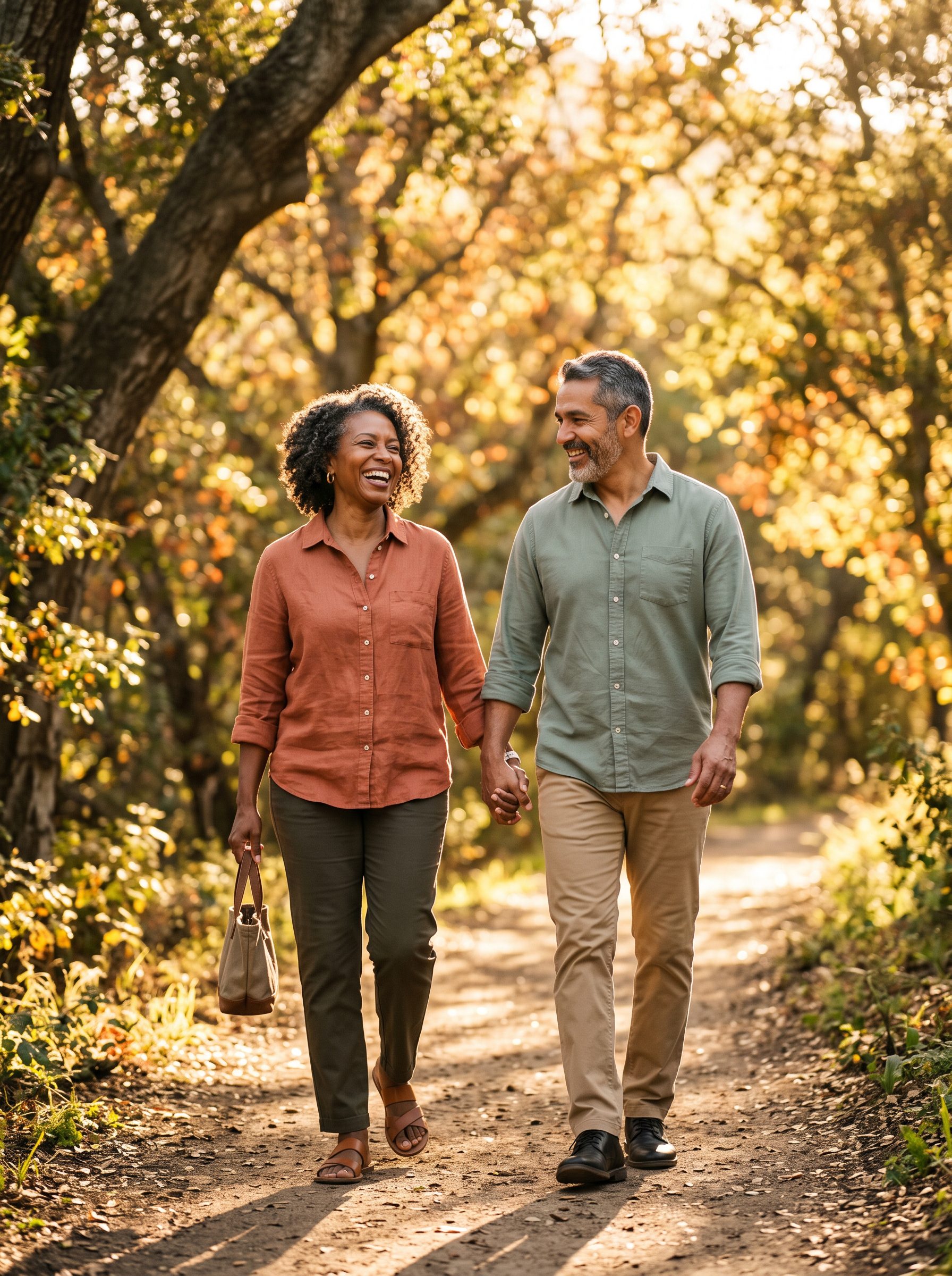 couple walking through the forest looking revitalized and healthy