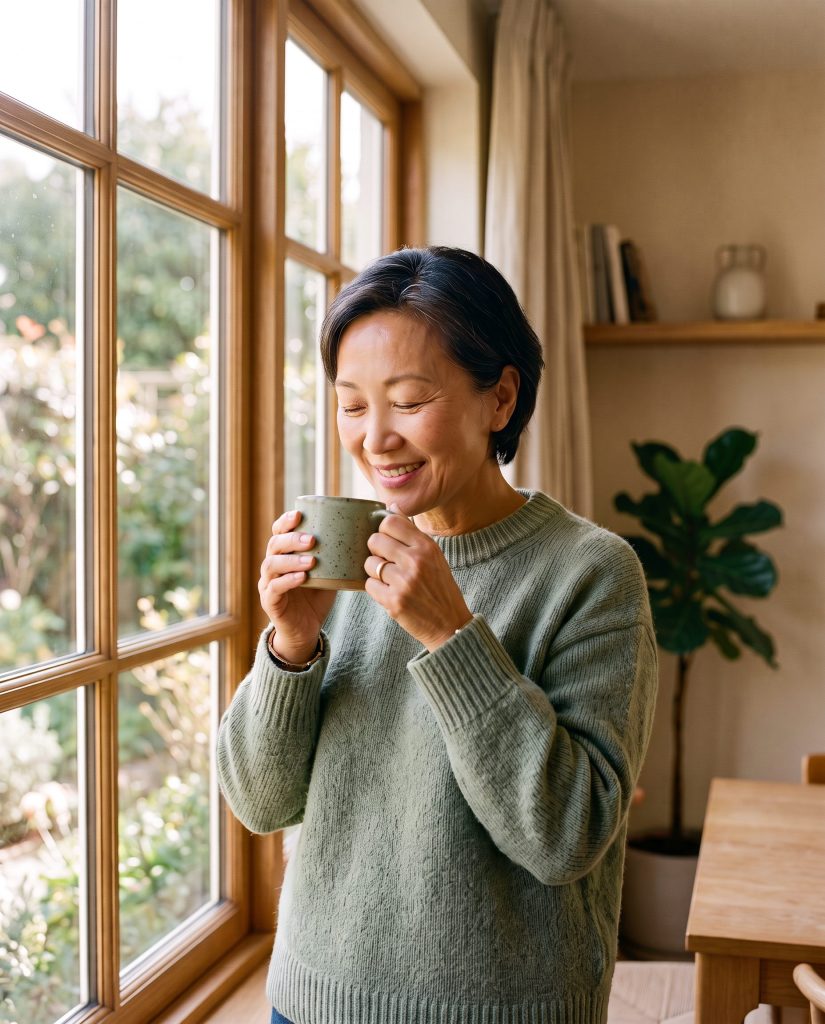 image of beautiful and fit woman smelling her coffee