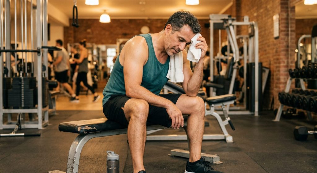 man working out whos taken creatine mid set in his mid 40s sweating