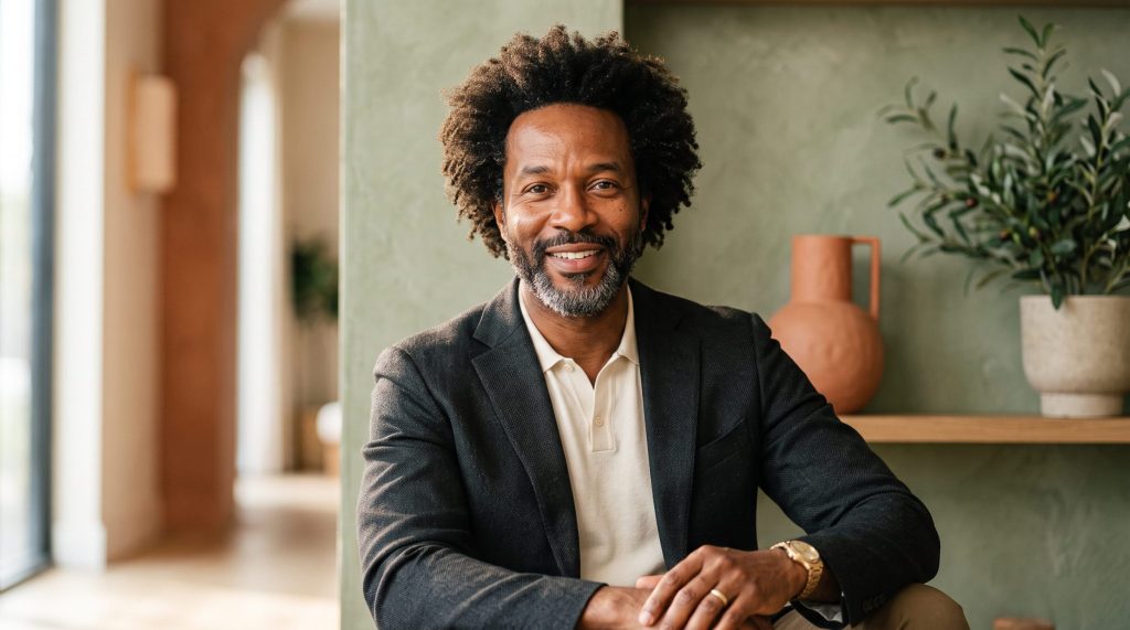 man post hair-restoration sitting in his home in denver, colorado, with beautiful, full, hair