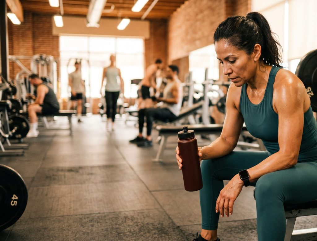 woman that has taken creatine in between sets at the gym