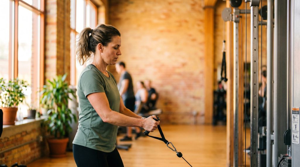 stress free woman in her mid 40s engaging in regular exercising
