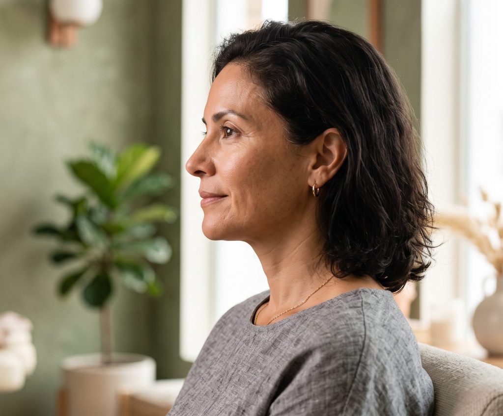 woman sitting in wellness clinic in denver colorado, after receiving probiotics supplements