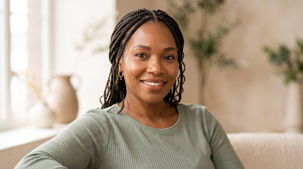 woman softly smiling at camera at clinic in denver, colorado, which does perimenopause treatments