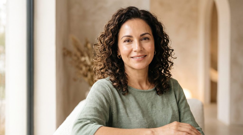 woman looking at camera with radiant, beautiful skin and complexion