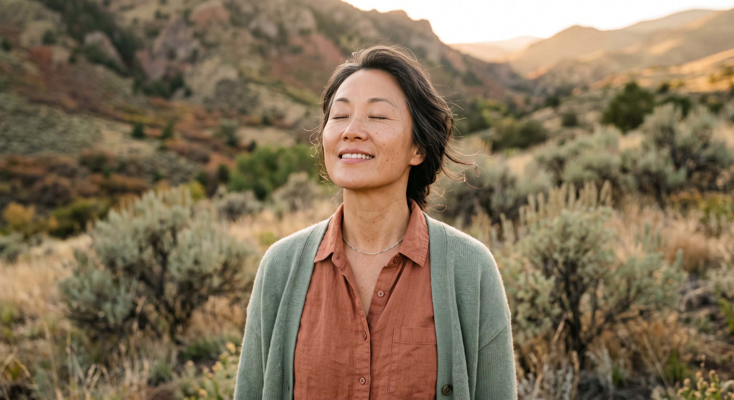 beautiful woman taking a deep breath in colorado foothills