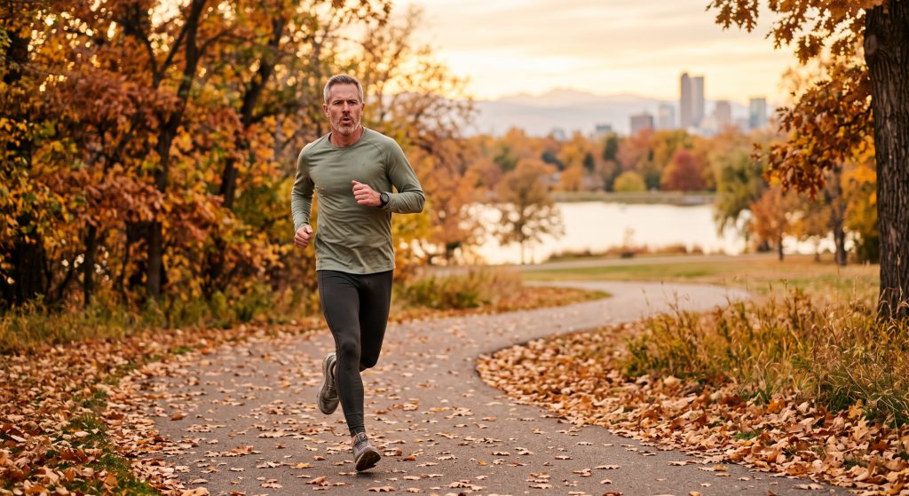 handsome man with healthy joints running in denver when it's Fall